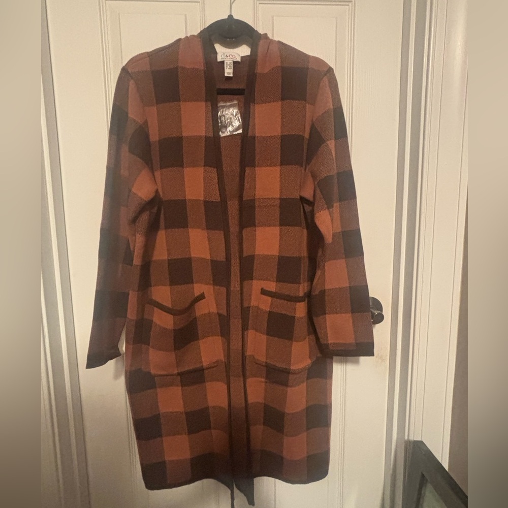 Denim and Company knitted long cardigan coatigan brown check 1XP Petite